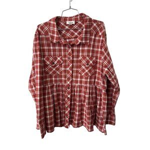 Heyson Plaid Shirt Size 1XL Button Down Peplum Blouse Red White Preppy Holiday